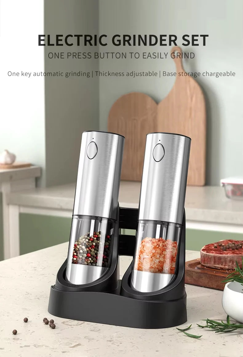 2pcs Electric Salt and Pepper Grinders Set Capacity 190ML USB Rechargeable Base Adjustable Coarseness Spice Mill Kitchen Tools