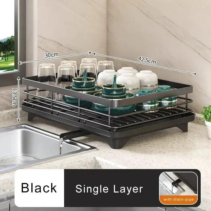 Adjustable Dish Drying Rack & Drainboard Organizer for Kitchen Plates, Over Sink Countertop, Cutlery Storage with Drain Rac