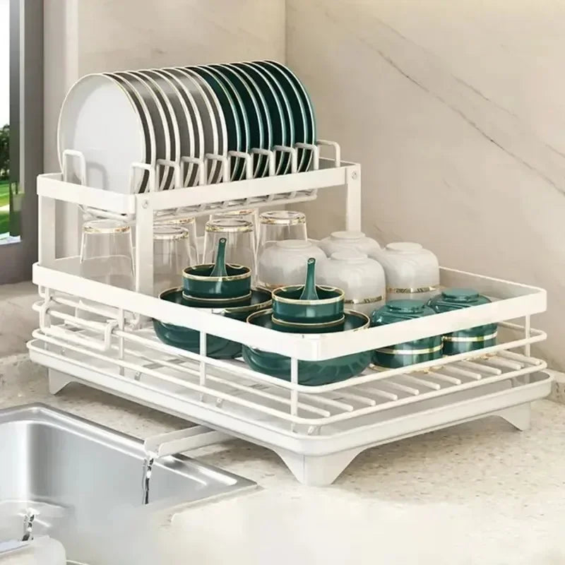 Adjustable Dish Drying Rack & Drainboard Organizer for Kitchen Plates, Over Sink Countertop, Cutlery Storage with Drain Rac