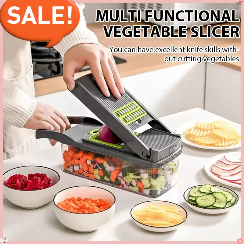 Vegetable Cutter Multifunctional Kitchen Tool, 5-in-1 Food Chopper for Tomato Carrot Cheese Onion, Handheld Slicer Dicer Grater