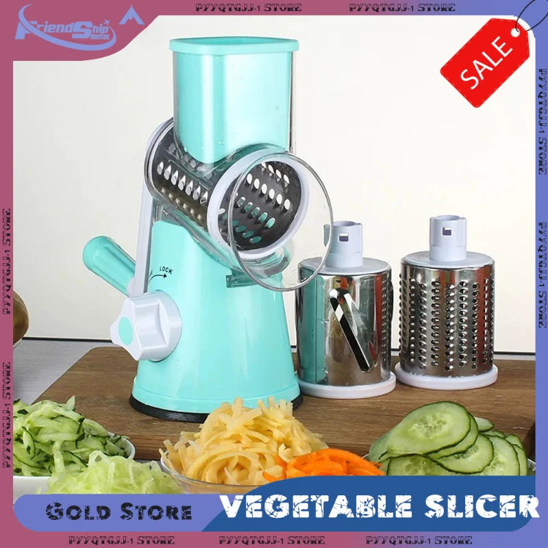 Kitchen Vegetable Chopper with 3 Sharp Drums Machine Rotary Hand Cranked Shredder Vegetable Cheese Slicer Household Kitchen Tool
