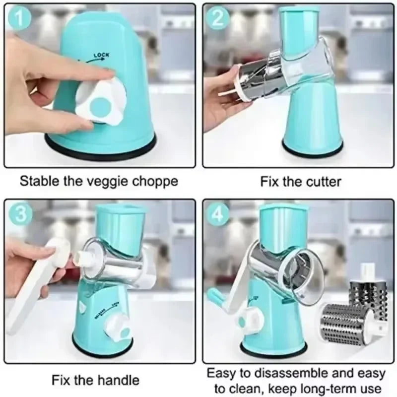 Kitchen Vegetable Chopper with 3 Sharp Drums Machine Rotary Hand Cranked Shredder Vegetable Cheese Slicer Household Kitchen Tool