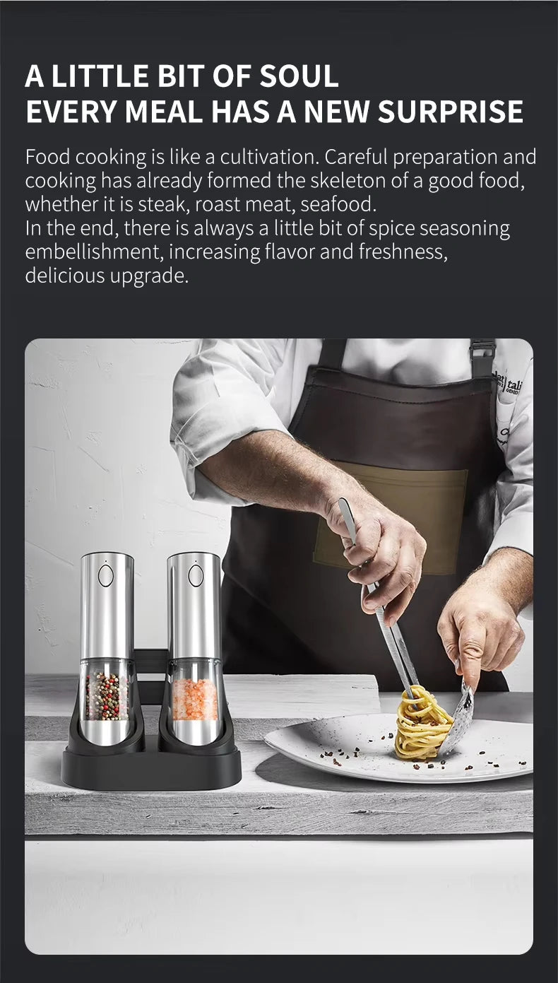 2pcs Electric Salt and Pepper Grinders Set Capacity 190ML USB Rechargeable Base Adjustable Coarseness Spice Mill Kitchen Tools