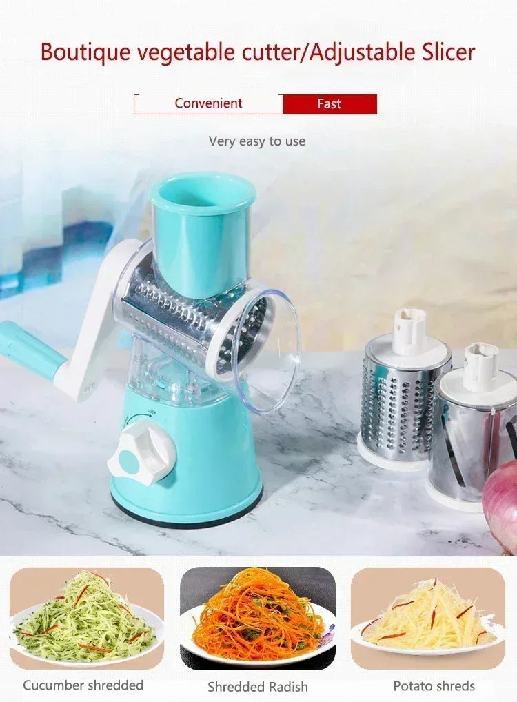 Kitchen Vegetable Chopper with 3 Sharp Drums Machine Rotary Hand Cranked Shredder Vegetable Cheese Slicer Household Kitchen Tool