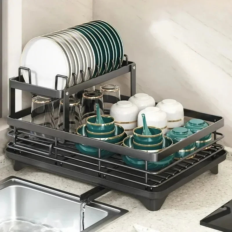 Adjustable Dish Drying Rack & Drainboard Organizer for Kitchen Plates, Over Sink Countertop, Cutlery Storage with Drain Rac
