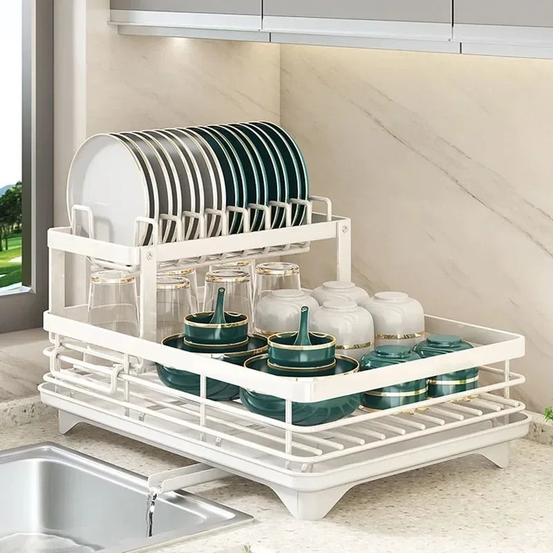Adjustable Dish Drying Rack & Drainboard Organizer for Kitchen Plates, Over Sink Countertop, Cutlery Storage with Drain Rac