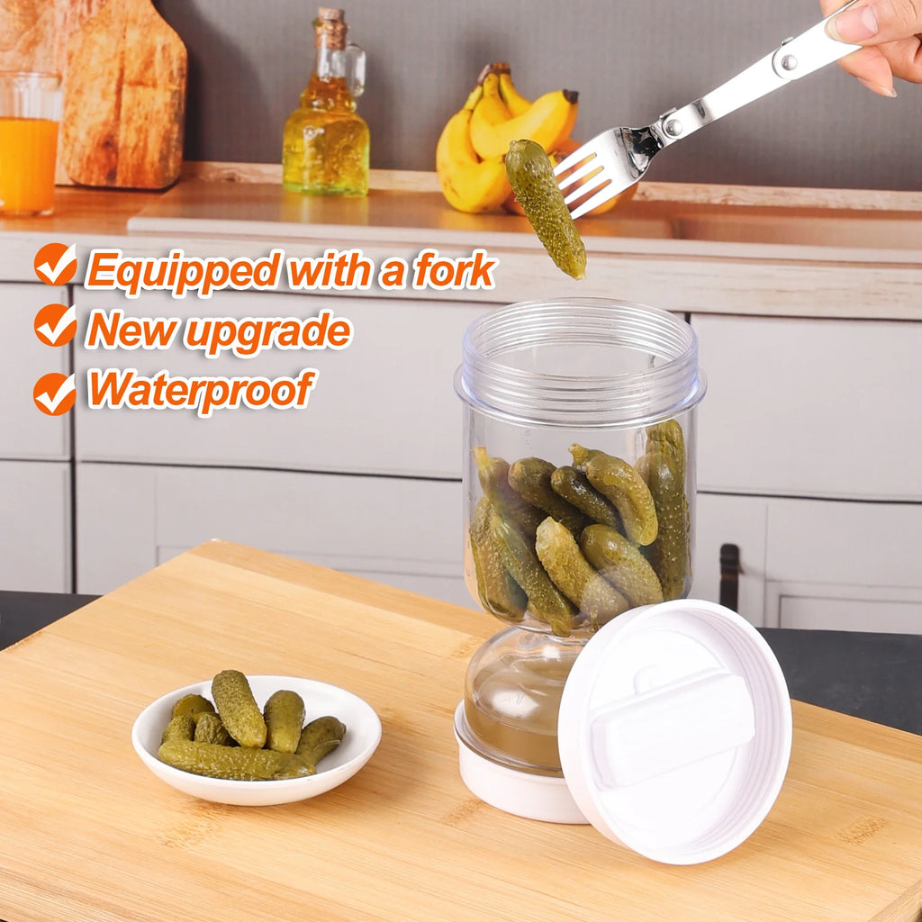 Olive and Pickle Strainer Jar, New Olive Container Hourglass Jar with Strainer Flip Pickle Container for Airtight Food Storage