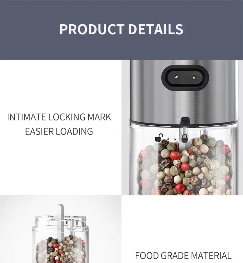 2pcs Electric Salt and Pepper Grinders Set Capacity 190ML USB Rechargeable Base Adjustable Coarseness Spice Mill Kitchen Tools