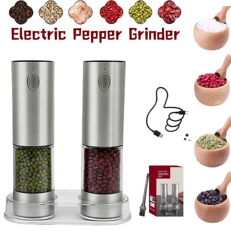 Electric Pepper Grinder 2pcs USB Rechargeable Automatic Pepper and Salt Adjustable Pepper Grinder with LED Lighting Cooking Tool