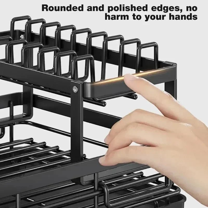 Adjustable Dish Drying Rack & Drainboard Organizer for Kitchen Plates, Over Sink Countertop, Cutlery Storage with Drain Rac
